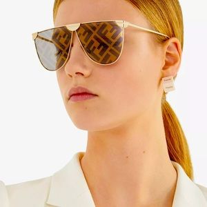 Fendi Shades FF0467/S 2F7 Gold Grey Gold FF Mirror Shield Sunglasses Authentic